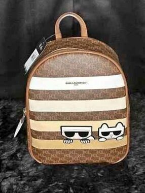 Karl Lagerfeld Brown Striped Medium Backpack with Character Accents